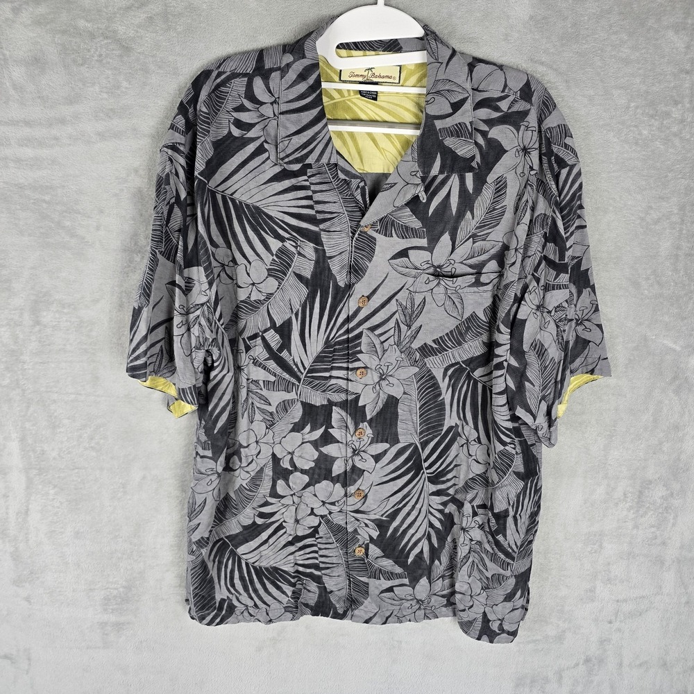 Tommy Bahama Relax Mens M Gray Silk Tropical Floral Palm Camp Shirt 100%Silk